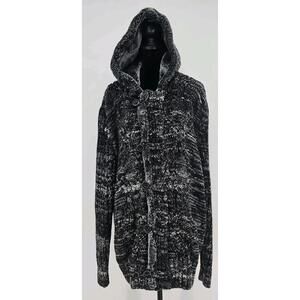 Vtg Y2K Leif Nelson Mens Wool Sweater XXL‎ Black Lined Hood Cable Knit Fisherman